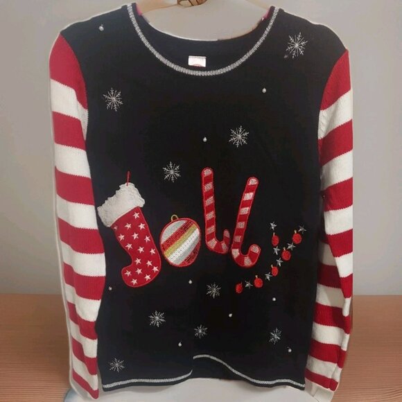 Holiday Time Womens Ugly Xmas Sweater JOLLY S 4/6 Black Red Candy Cane Embroider - Picture 1 of 6